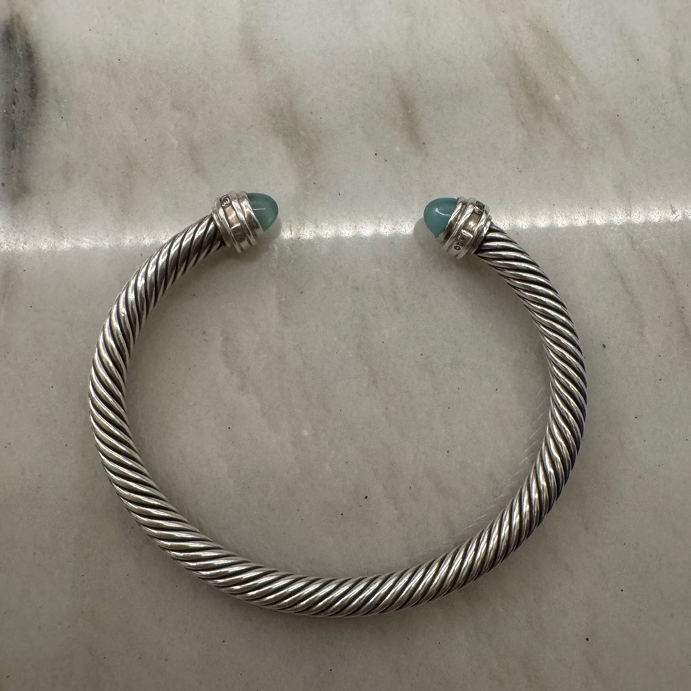 David Yurman Sterling Silver Blue Chalcedony & Diamond Cable Bracelet
